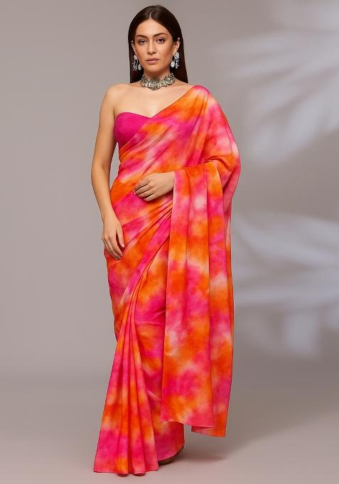 Pink Printed Organza Pre Draped Saree Set