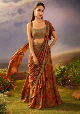 Multicolor Printed Chiffon Pre Draped Saree Set