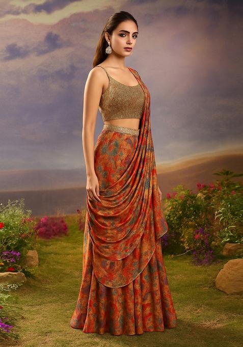 Multicolor Printed Chiffon Pre Draped Saree Set