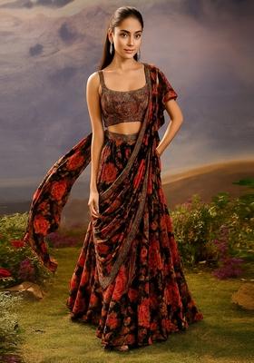 Black Printed Chiffon Pre Draped Saree Set
