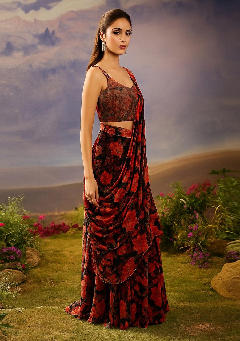 Black Printed Chiffon Pre Draped Saree Set - Indya