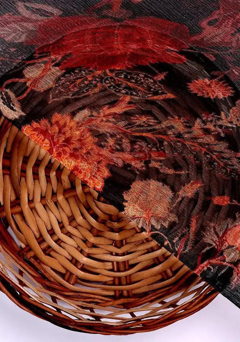 Black Printed Chiffon Pre Draped Saree Set - Indya