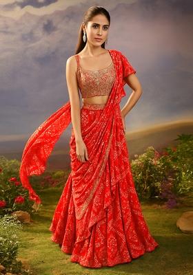 Tomato Red Printed Chiffon Pre Draped Saree Set