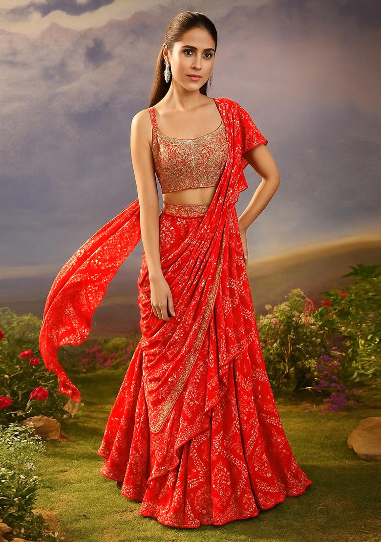 Tomato Red Printed Chiffon Pre Draped Saree Set