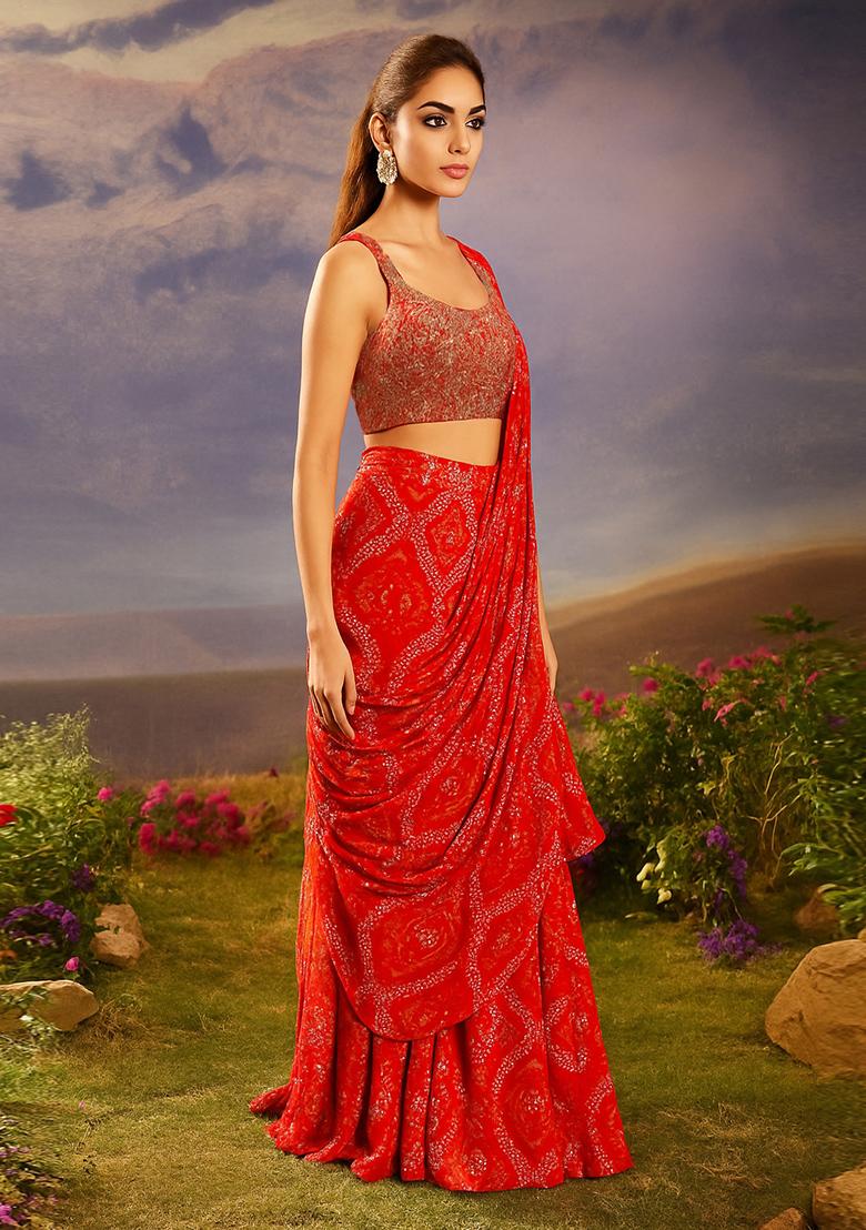 Tomato Red Printed Chiffon Pre Draped Saree Set - Indya
