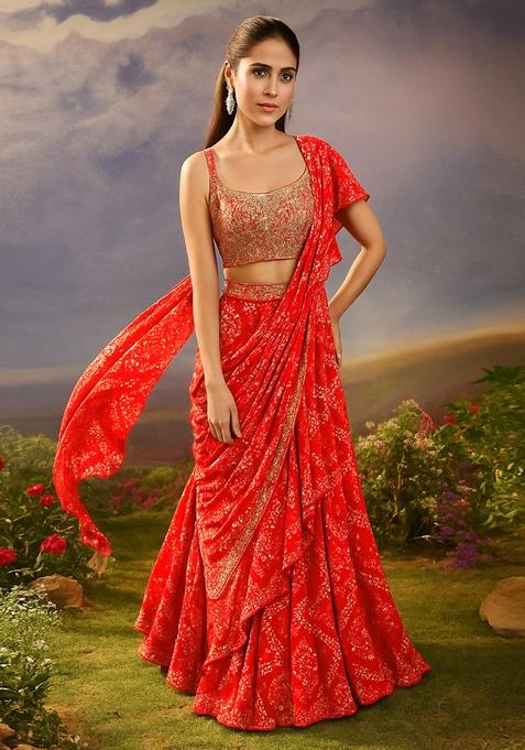 Tomato Red Printed Chiffon Pre Draped Saree Set
