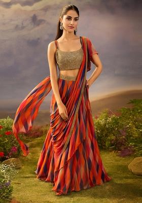 Multicolor Printed Chiffon Pre Draped Saree Set
