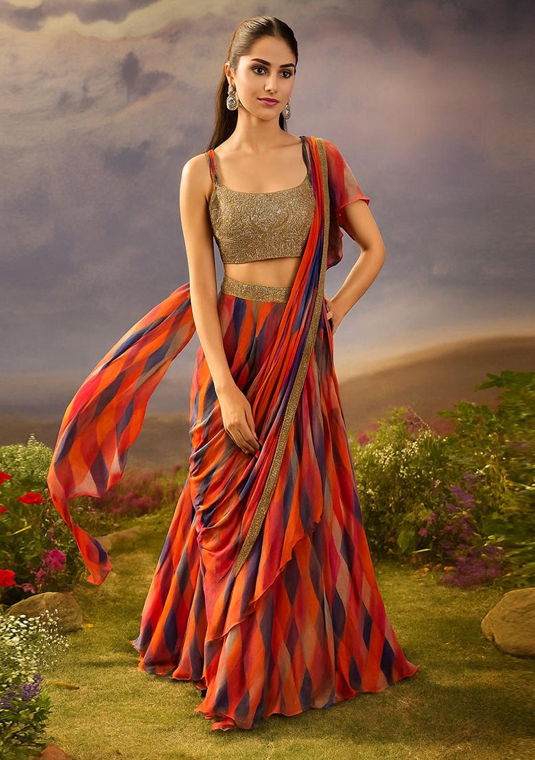 Multicolor Printed Chiffon Pre Draped Saree Set