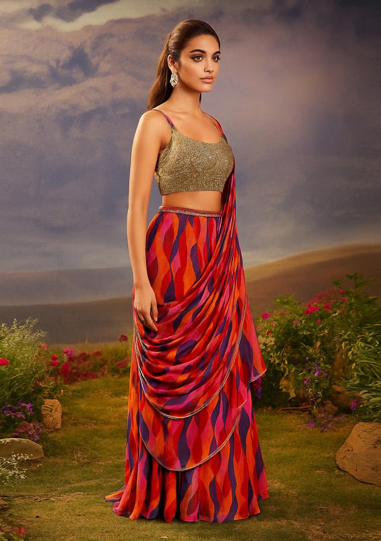 Multicolor Printed Chiffon Pre Draped Saree Set