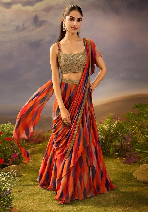 Multicolor Printed Chiffon Pre Draped Saree Set