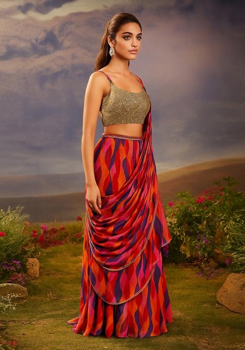 Multicolor Printed Chiffon Pre Draped Saree Set