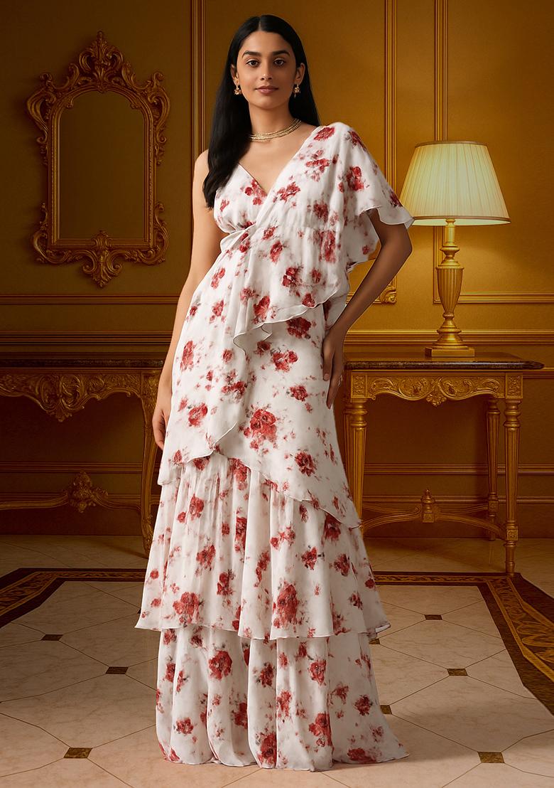 White Printed Chiffon Pre Draped Saree Set