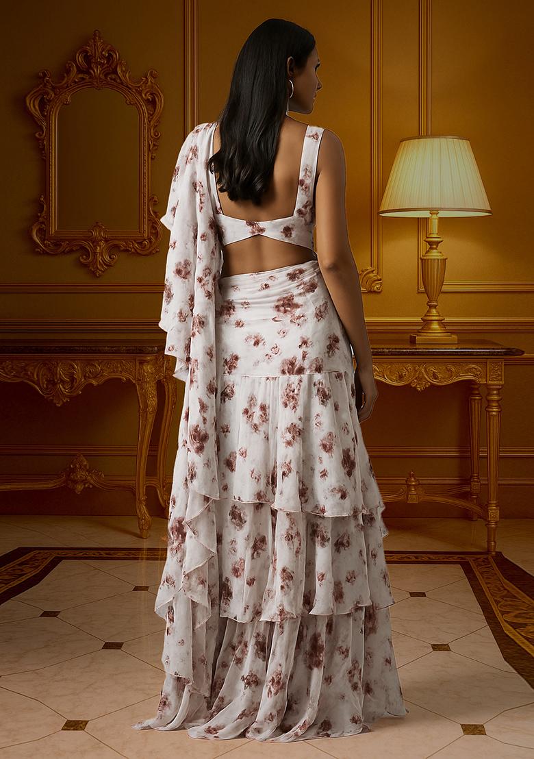 White Printed Chiffon Pre Draped Saree Set - Indya