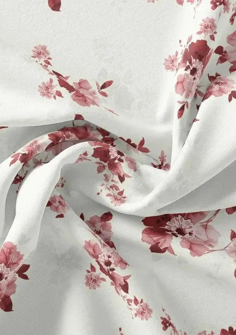 White Printed Chiffon Pre Draped Saree Set