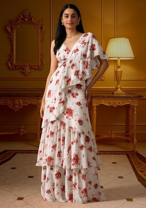 White Printed Chiffon Pre Draped Saree Set