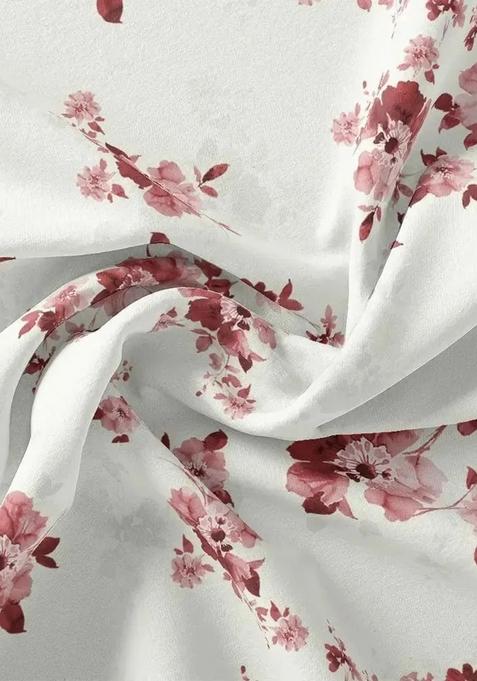 White Printed Chiffon Pre Draped Saree Set