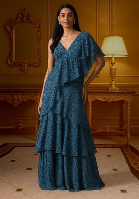 Blue Printed Chiffon Pre Draped Saree Set