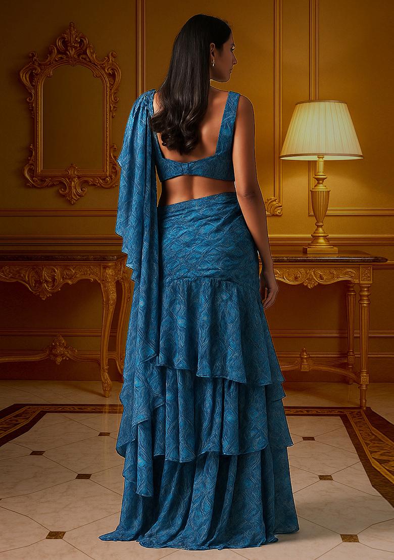 Blue Printed Chiffon Pre Draped Saree Set - Indya