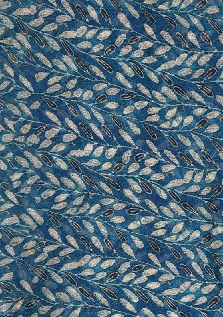 Blue Printed Chiffon Pre Draped Saree Set - Indya