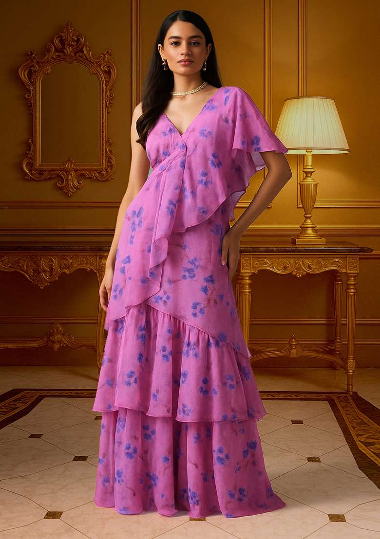 Classy Pink Printed Chiffon Pre Draped Saree Set - Indya