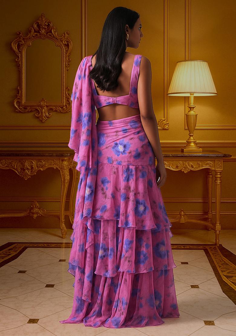 Classy Pink Printed Chiffon Pre Draped Saree Set - Indya