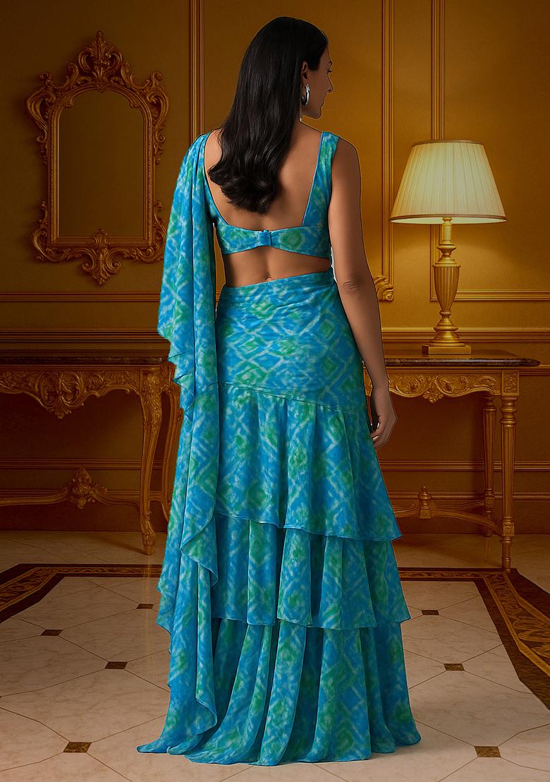 Blue Printed Chiffon Pre Draped Saree Set