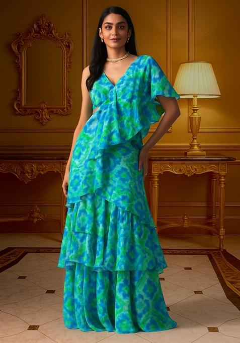 Blue Printed Chiffon Pre Draped Saree Set