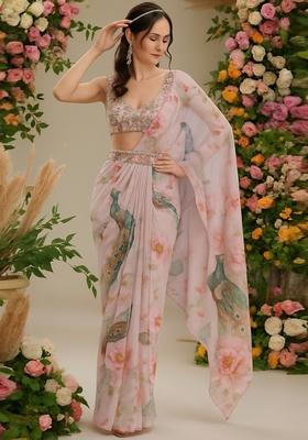 Light Pink Printed Georgette Pre Draped Saree Set