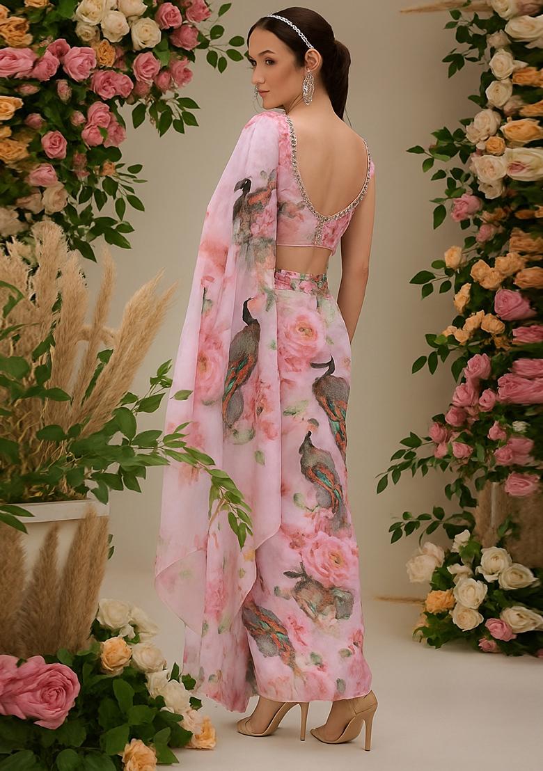 Light Pink Printed Georgette Pre Draped Saree Set - Indya