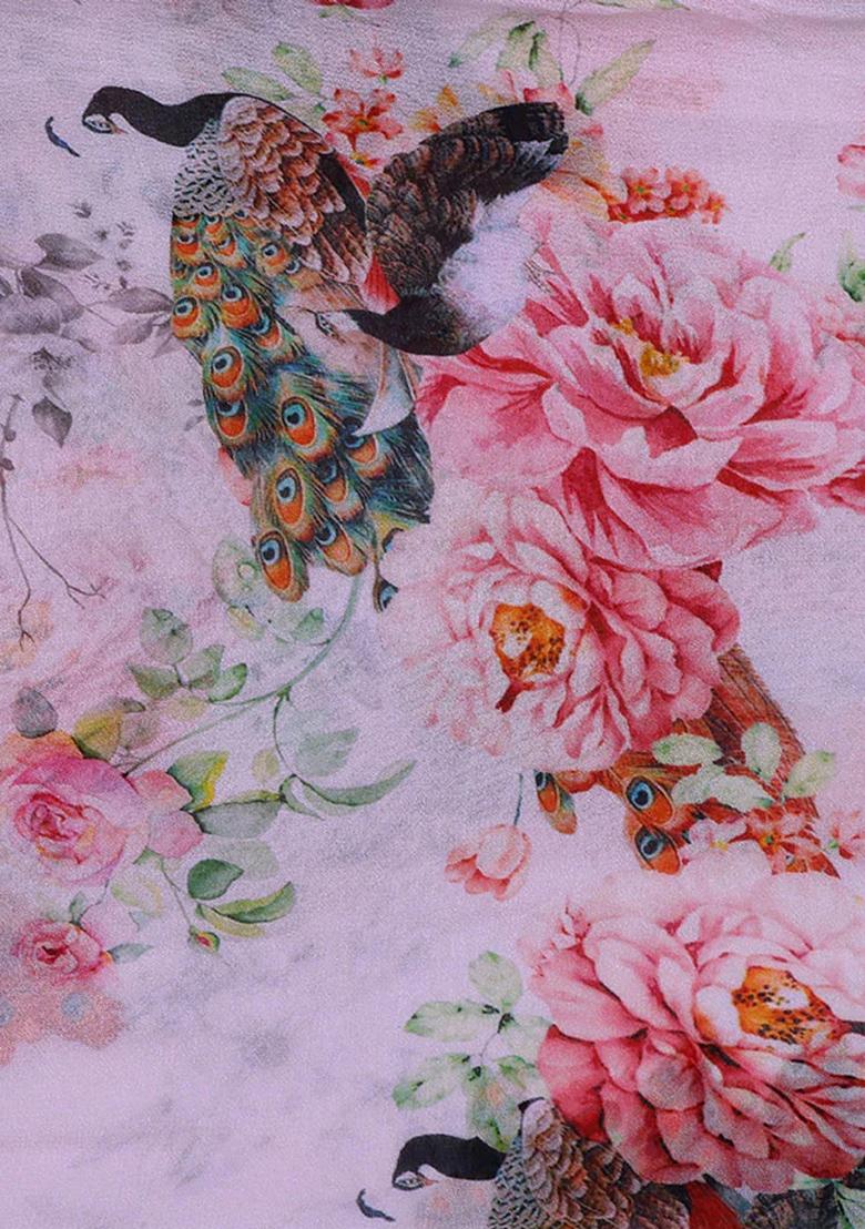 Light Pink Printed Georgette Pre Draped Saree Set - Indya