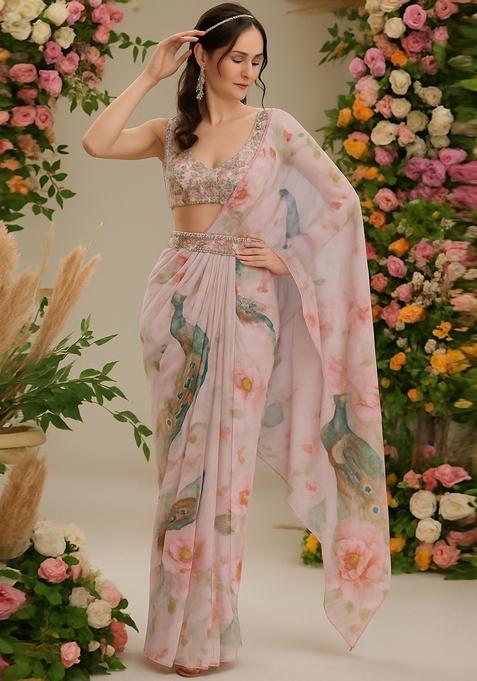 Light Pink Printed Georgette Pre Draped Saree Set