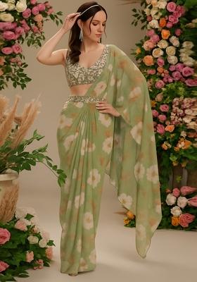 Henna Green Printed Georgette Pre Draped Saree Set
