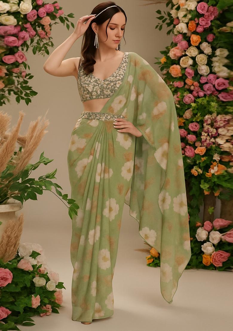 Henna Green Printed Georgette Pre Draped Saree Set