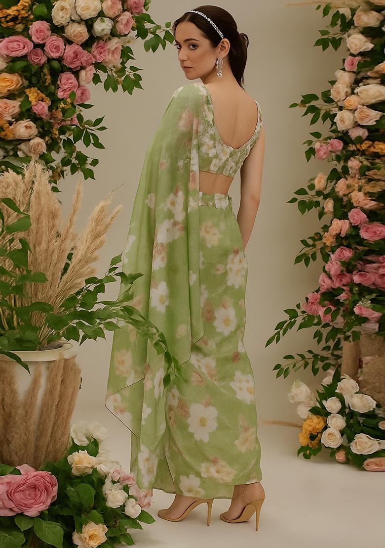 Henna Green Printed Georgette Pre Draped Saree Set - Indya