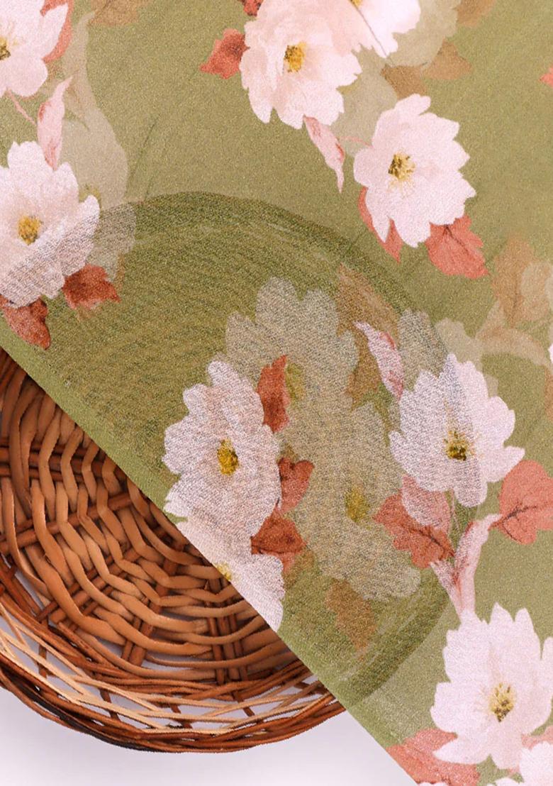 Henna Green Printed Georgette Pre Draped Saree Set - Indya