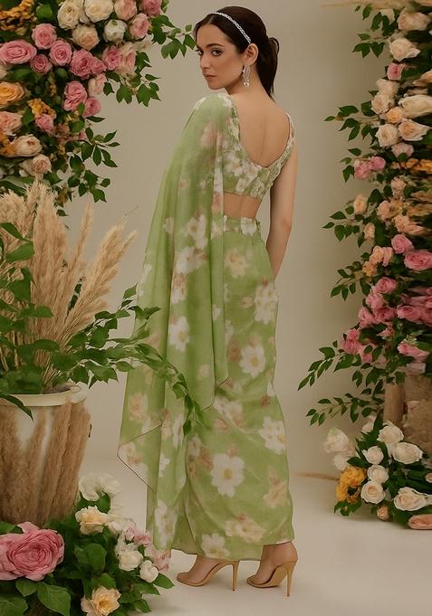 Henna Green Printed Georgette Pre Draped Saree Set