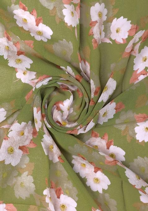 Henna Green Printed Georgette Pre Draped Saree Set