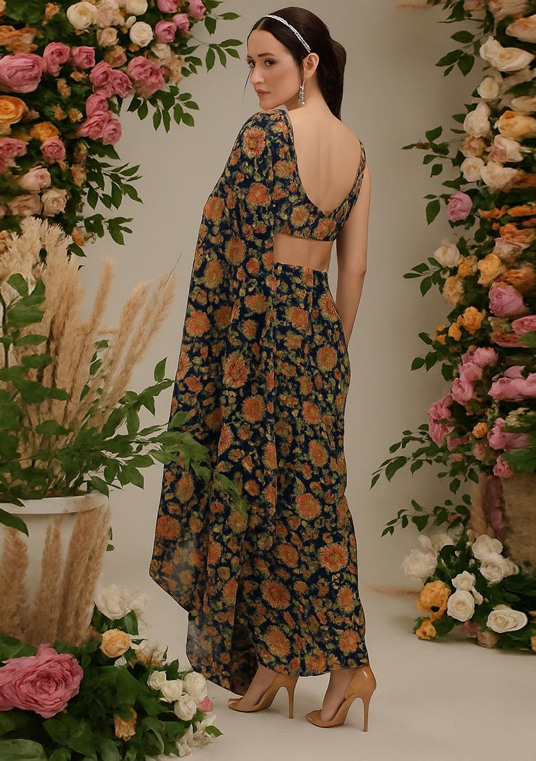 Black Printed Georgette Pre Draped Saree Set - Indya