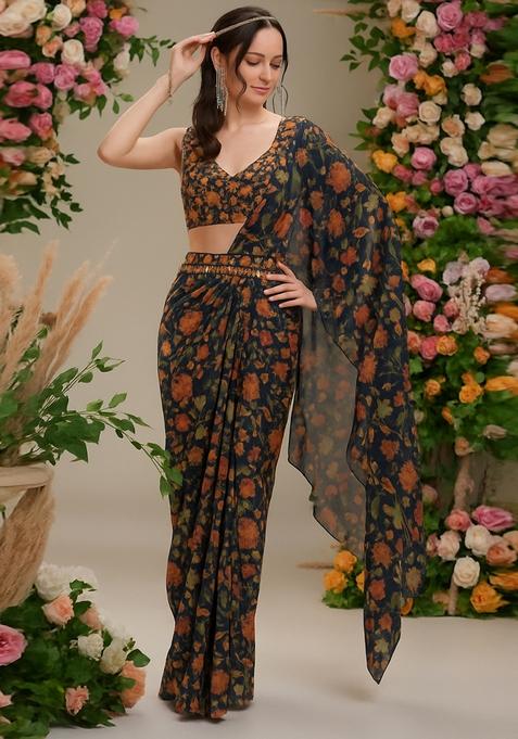 Black Printed Georgette Pre Draped Saree Set