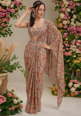 Multicolor Printed Georgette Pre Draped Saree Set
