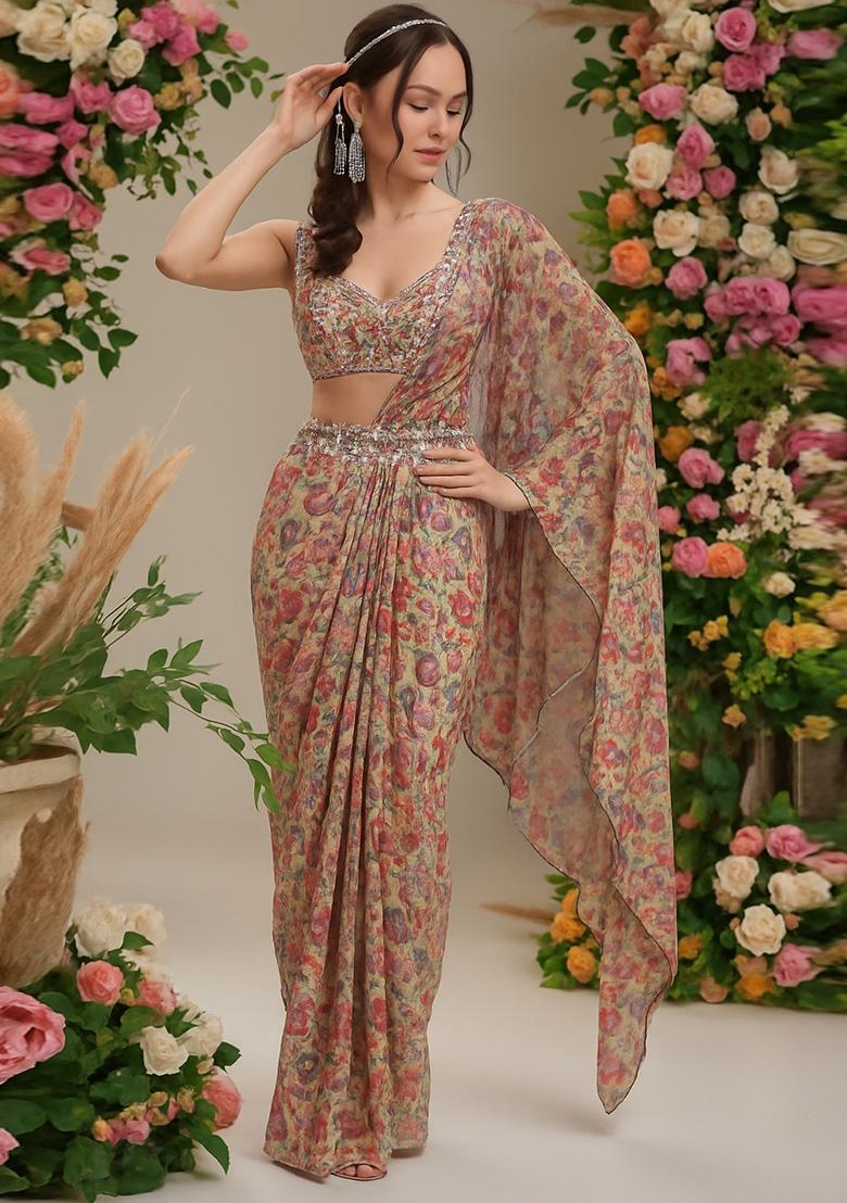 Multicolor Printed Georgette Pre Draped Saree Set