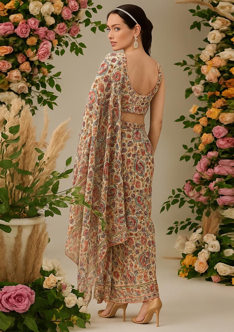 Multicolor Printed Georgette Pre Draped Saree Set