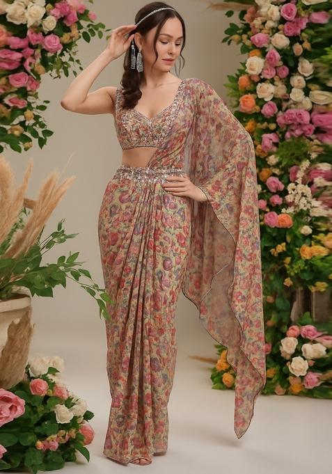 Multicolor Printed Georgette Pre Draped Saree Set