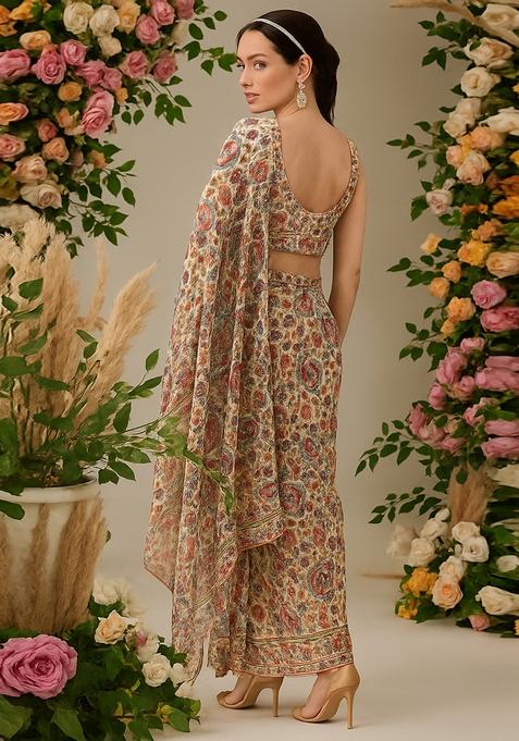 Multicolor Printed Georgette Pre Draped Saree Set