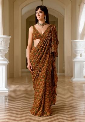 Multicolor Printed Chinon Pre Draped Saree Set