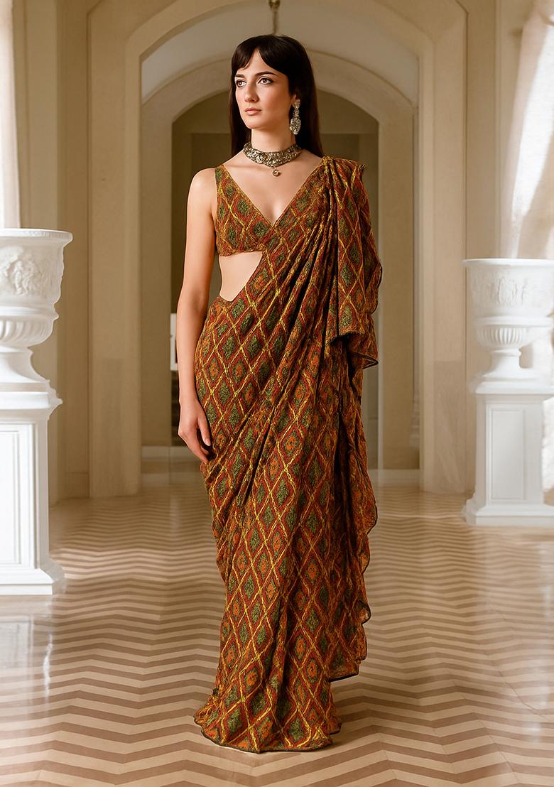 Multicolor Printed Chinon Pre Draped Saree Set