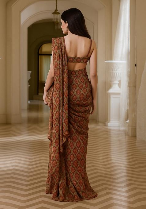 Multicolor Printed Chinon Pre Draped Saree Set