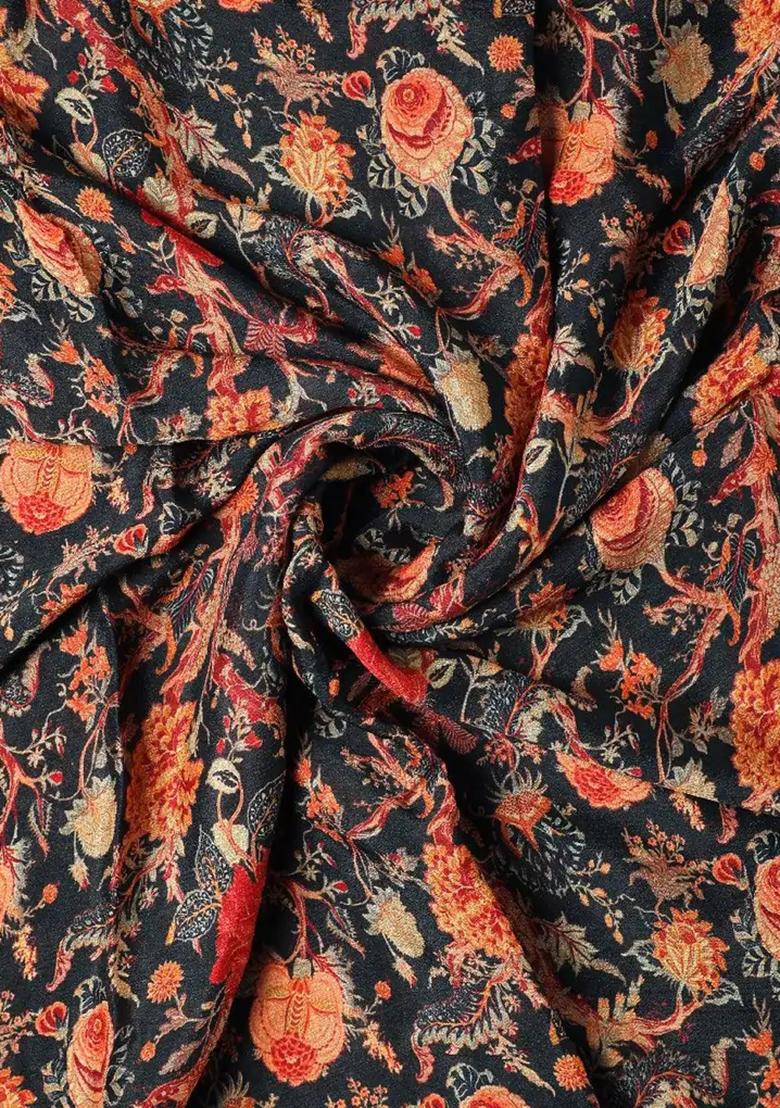 Black Printed Chinon Pre Draped Saree Set