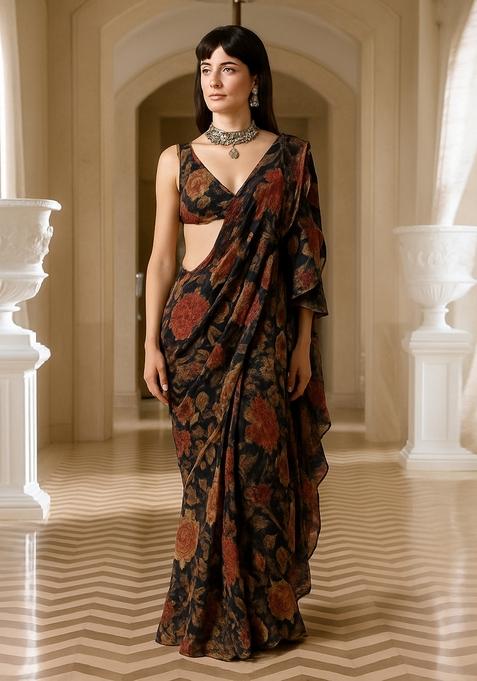 Black Printed Chinon Pre Draped Saree Set