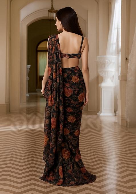 Black Printed Chinon Pre Draped Saree Set